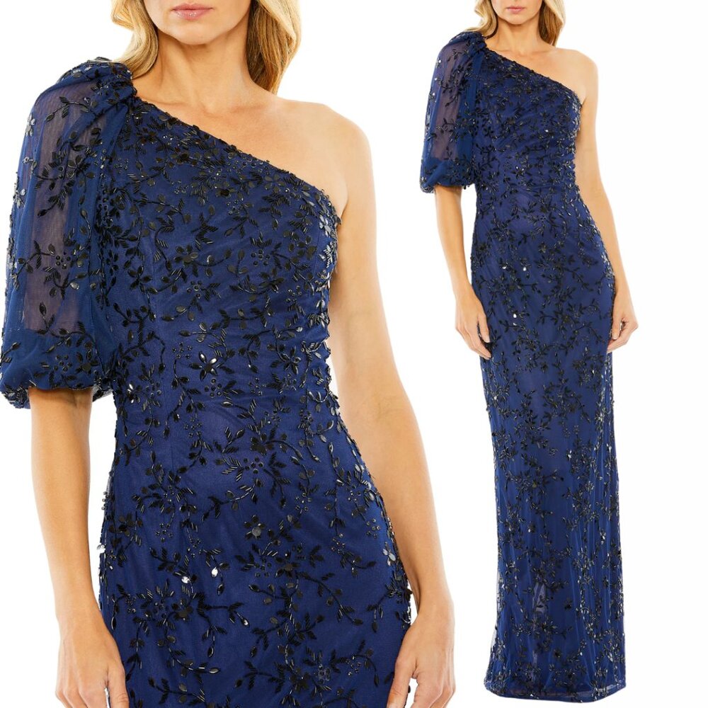 Mac Duggal 5912 Size 8 Dark Blue Black Floral Beaded Long Maxi Gown Dress
